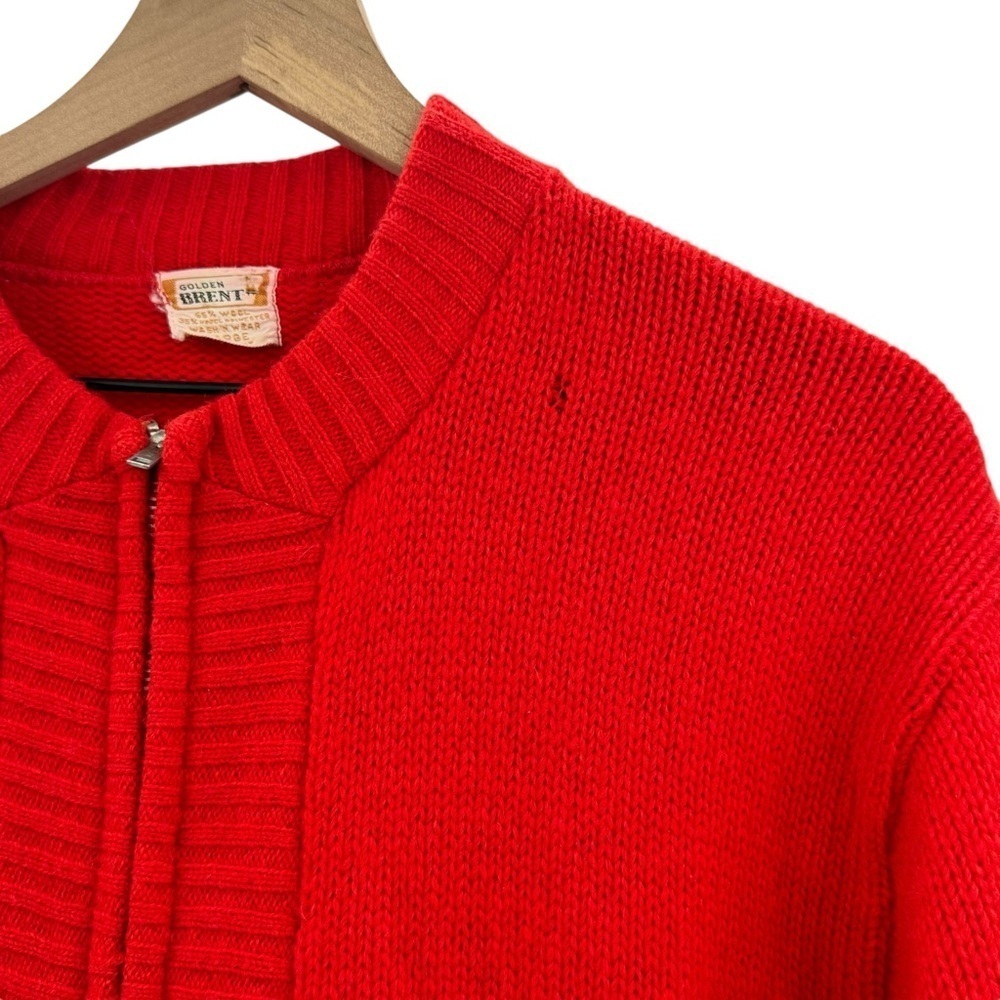 Vintage 50s/60s Cardigan Sweater Full Zip Wool Blend Crew Neck Tomato Red | M/L - Picture 3 of 6